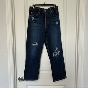 Levi’s Ribcage Straight Ankle Button Fly Distressed Blue Jeans Women’s Size 28